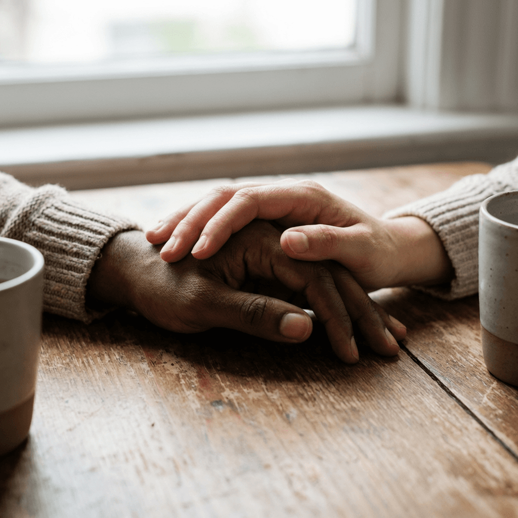 Two people holding hands gently across a wooden table, with ceramic mugs in soft window light