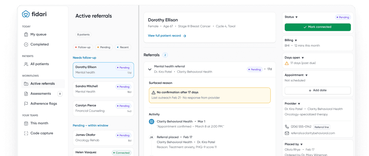 Fidari active referrals dashboard with patient detail