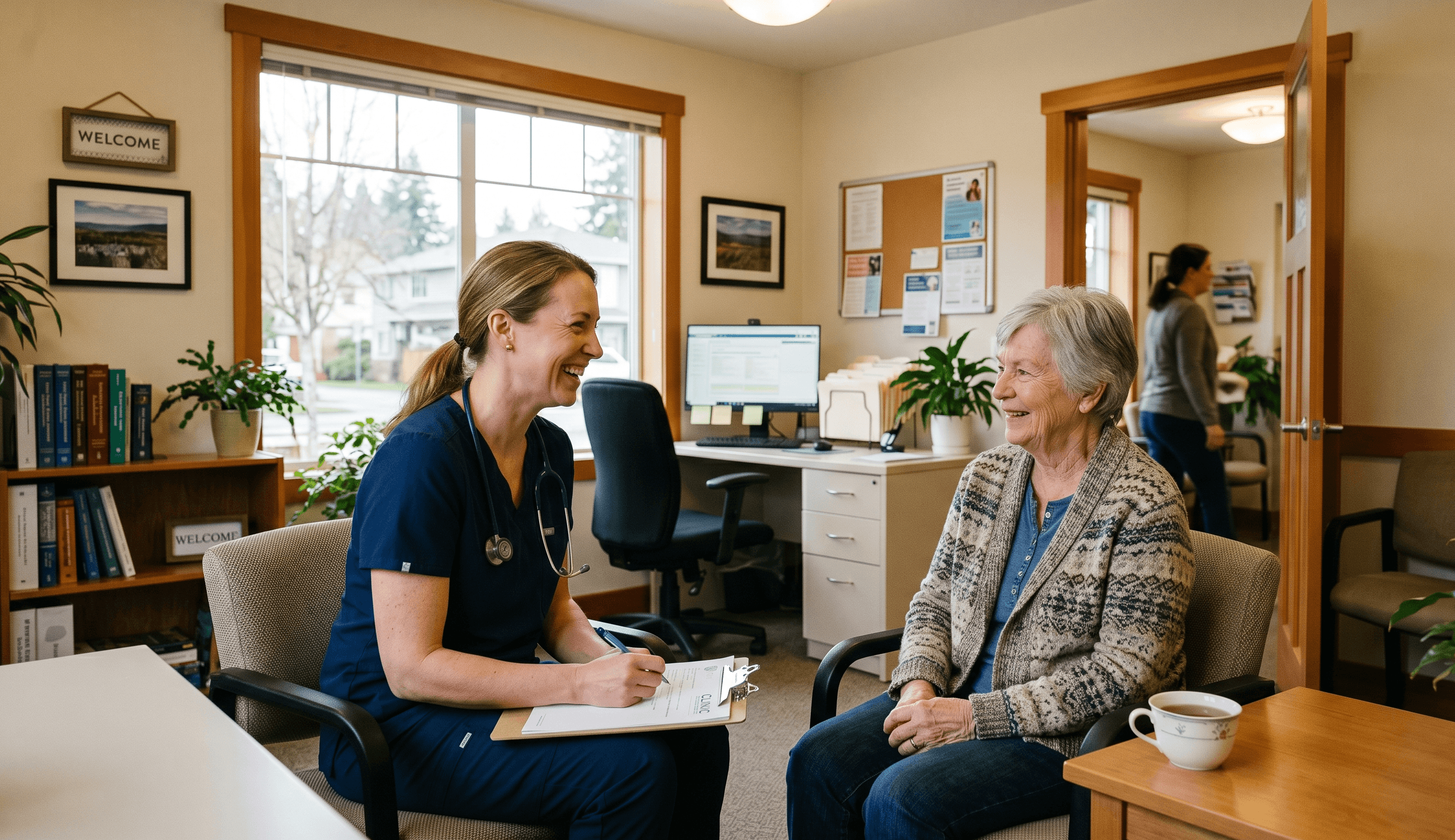 Healthcare professional and patient in a warm, welcoming clinic conversation